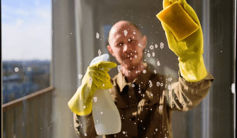 Mann putzt ein Fenster
