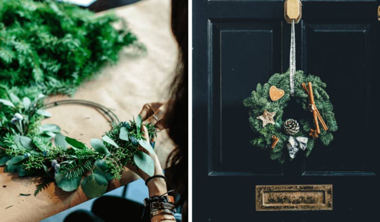 Couronne de Noël DIY et qui est accrochée sur une porte