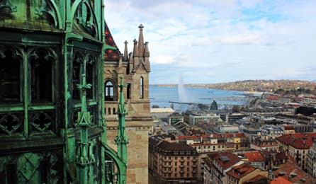 Aerial view of the City of Geneva with Lake Geneva and buildings