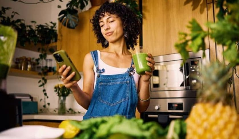 Donna che si iscrive online a una garanzia d’affitto senza deposito bancario dal suo telefono